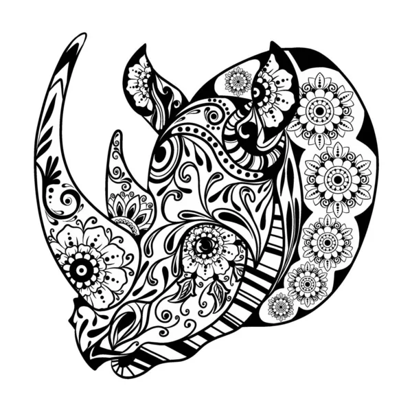 Ruční Kreslení Zinku Jednorohého Nosorožce Květinovým Ornamentem — Stockový vektor