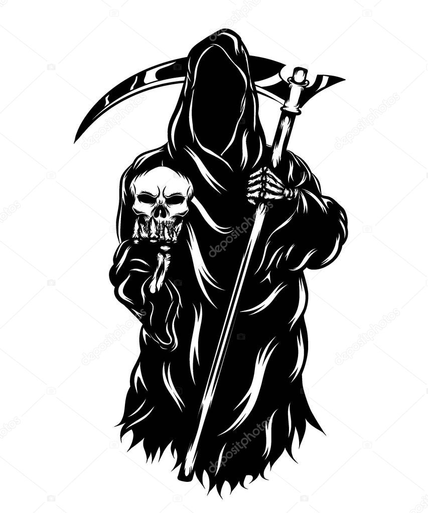 The animation of the grim reaper holding the head skull without the face