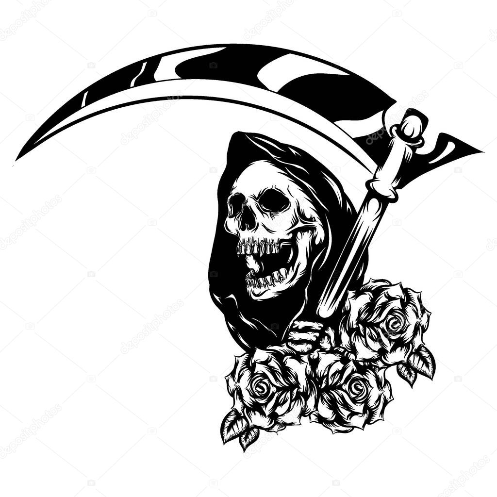 The tattoo animation of the grim reaper with the beautiful flowers as the border
