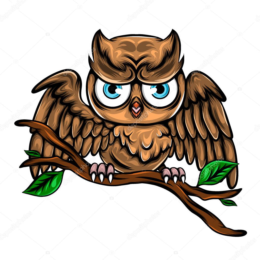 The illustration of the baby brown owl perch on the wooden branch with the happy face