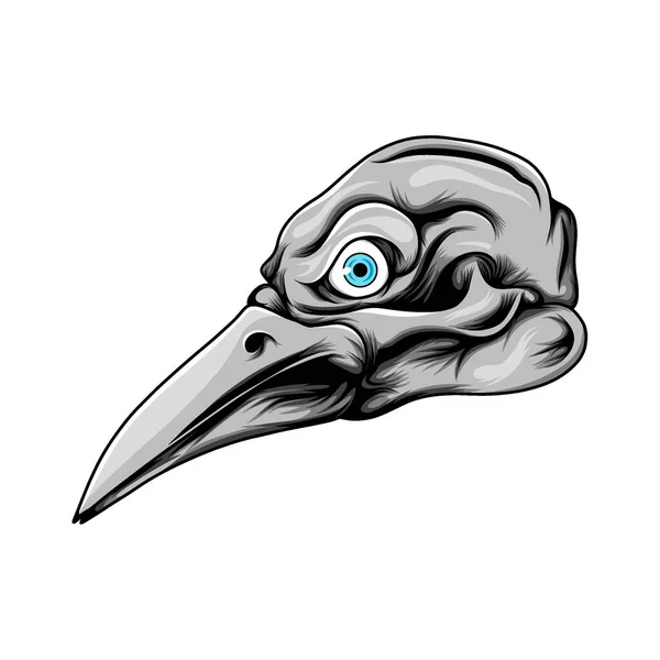 Ilustracja Głowy Ptaka Długim Dziobem Szarym Kolorem Niebieską Soczewką — Wektor stockowy