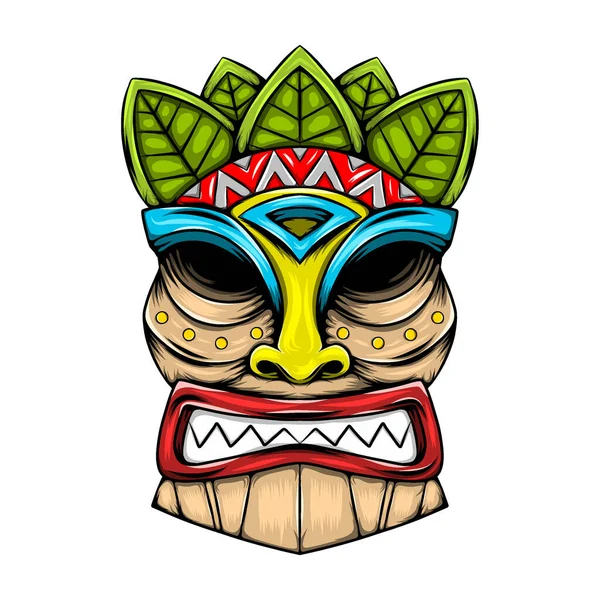 Ilustración Máscara Tiki Tradicional Isla Hecha Madera Con Acento Las — Vector de stock