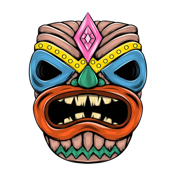 Illustrationen Tiki Traditionella Mask Med Den Stora Munnen Och Förlora — Stock vektor