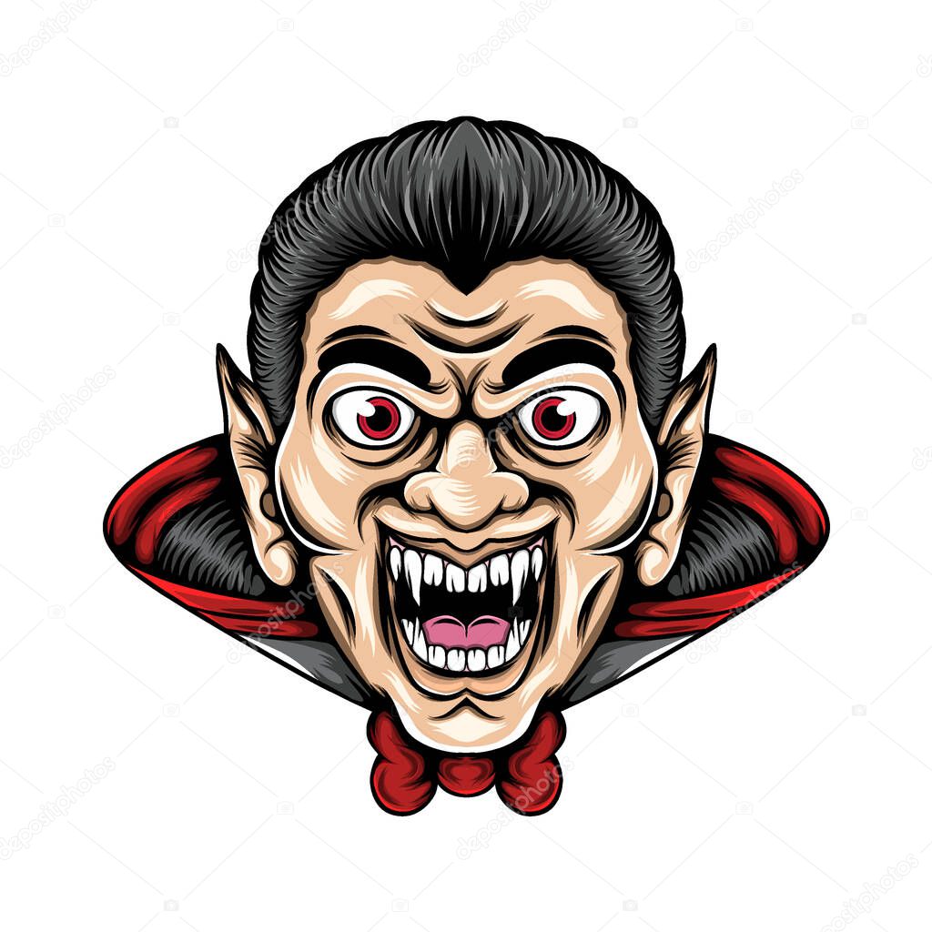 The illustration of the Dracula with the sharp teeth and big eyes he using his costume