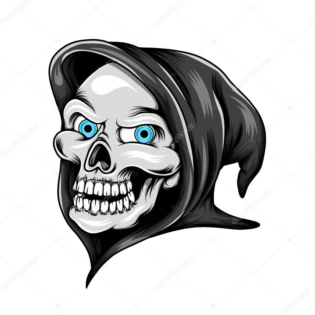The illustration of the grim reaper head skull with his blue eyes and using the black costume