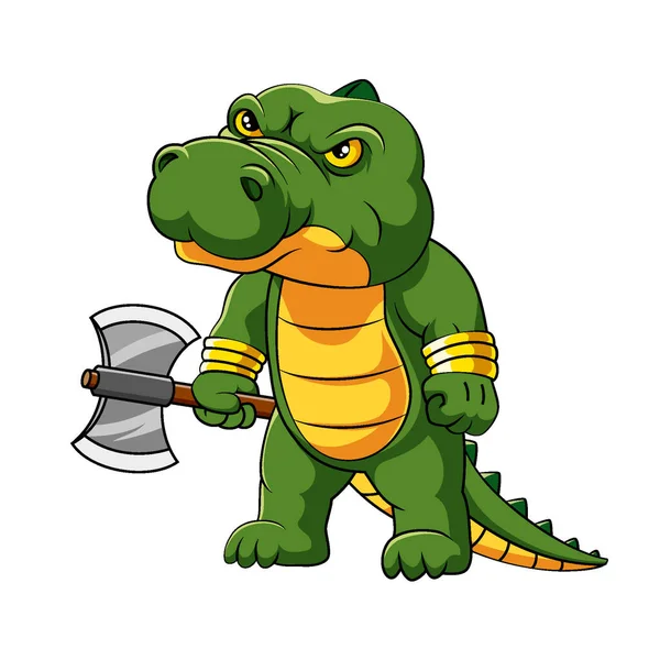 Ілюстрація Розлюченого Крокодила Стоїть Тримає Велику Сокиру — стоковий вектор
