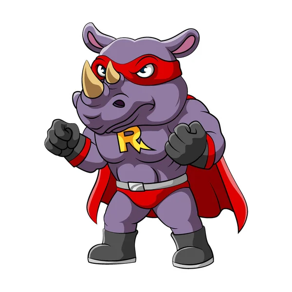 Ilustrace Nosorožce Vážnou Tváří Kostýmu Superhrdinů — Stockový vektor