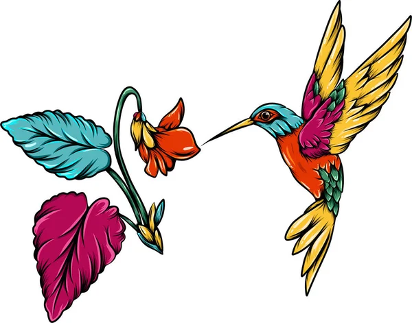 Illustrasjonen Den Fargerike Kolibrien Med Hawaii Blomstene Ved Siden – stockvektor