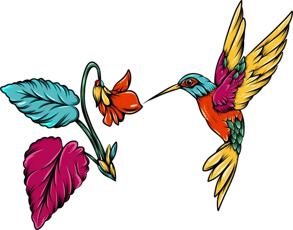 Illustrazione Del Colibrì Colorato Con Fiori Delle Hawaii Accanto — Vettoriale Stock