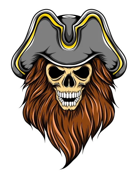 Death Pirates Skull Big Hat Long Beard Colored Hair Illustration — Stock Vector