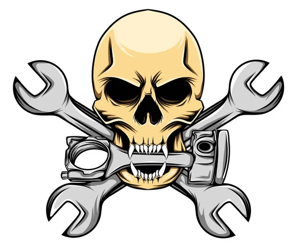 Das Biker Logo Des Totenkopfes Beißt Den Schraubenschlüssel Der Illustration — Stockvektor