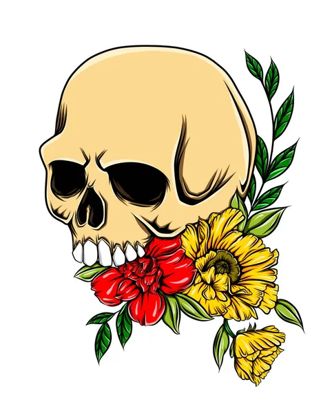 Crâne Tête Humain Avec Les Fleurs Réalistes Colorées Illustration — Image vectorielle