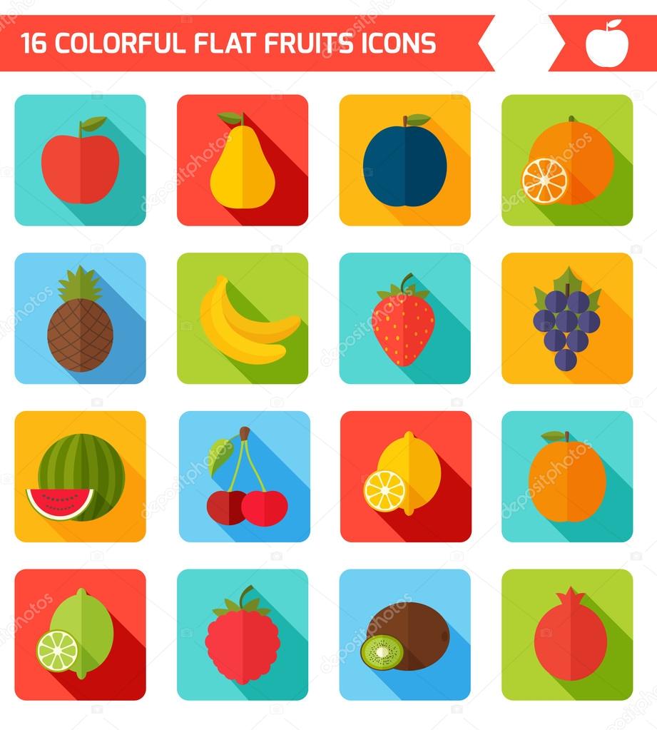 Fruits icon set. Colorful template for cooking, restaurant menu and vegetarian food