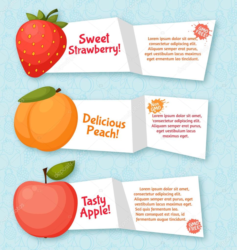 Fruits banners set. Colorful template for cooking, restaurant menu and vegetarian food