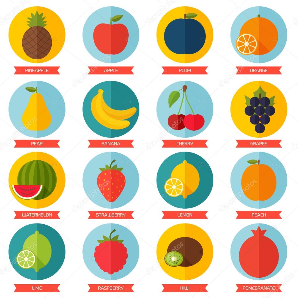 Fruits flat icon set. Colorful template for cooking, restaurant menu and vegetarian food