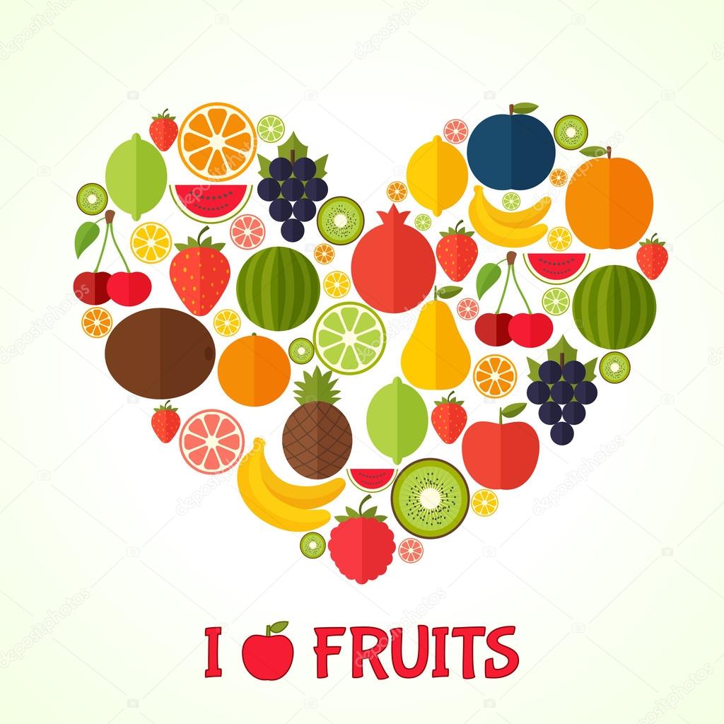 Fruits heart in flat style. Colorful template for cooking, restaurant menu and vegetarian food