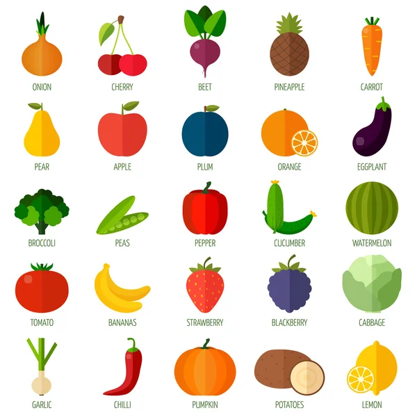 Kolorowy płaski owoce i warzywa zestaw ikon. — Wektor stockowy