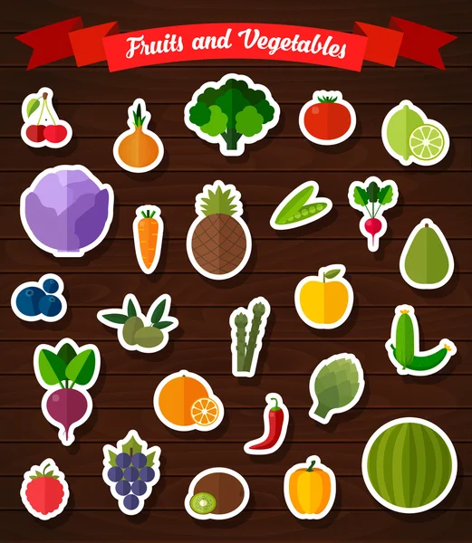 Coloridas pegatinas planas de frutas y verduras . — Vector de stock