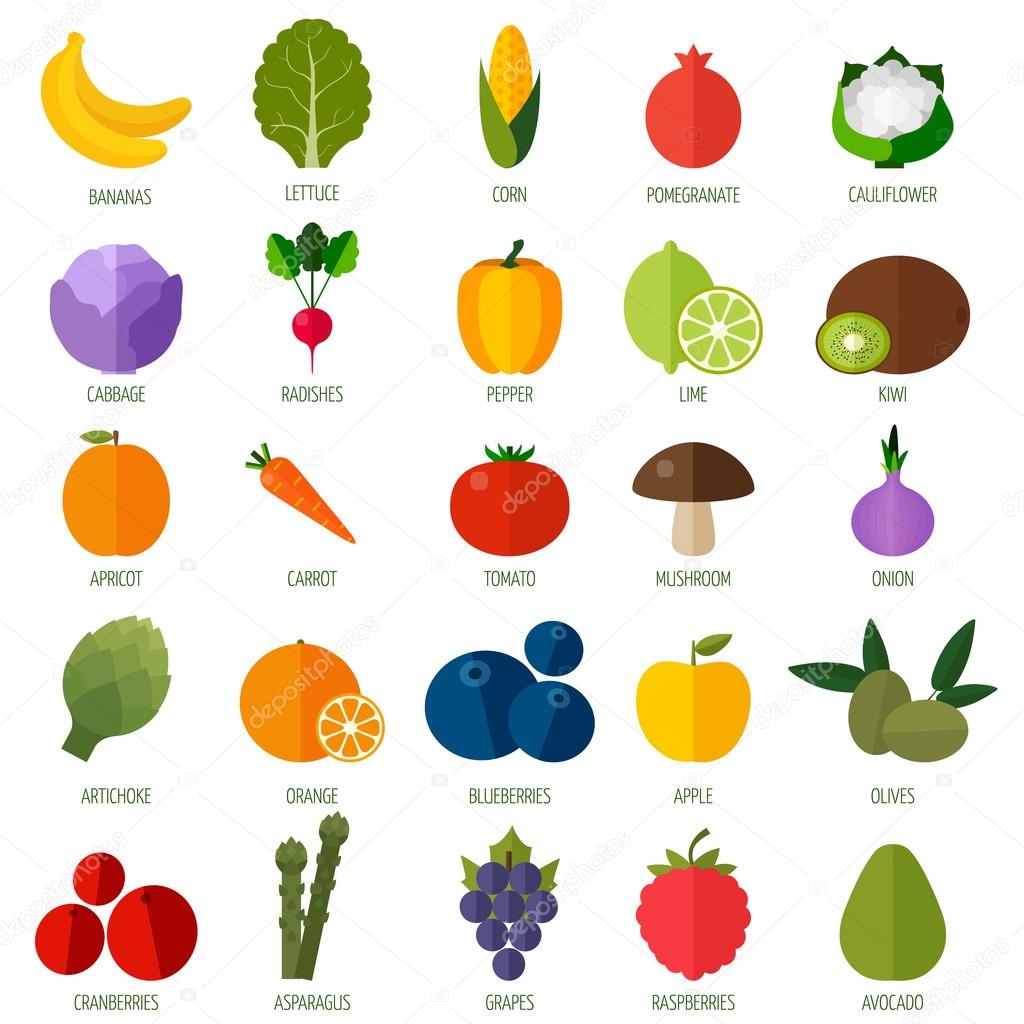 Colorful flat fruits and vegetables icons set. 