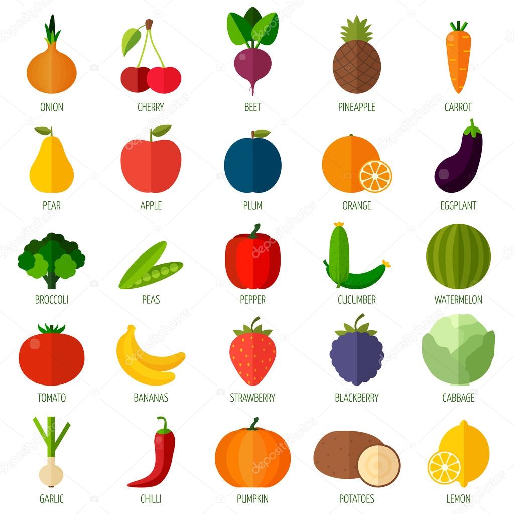 Colorful flat fruits and vegetables icons set. 