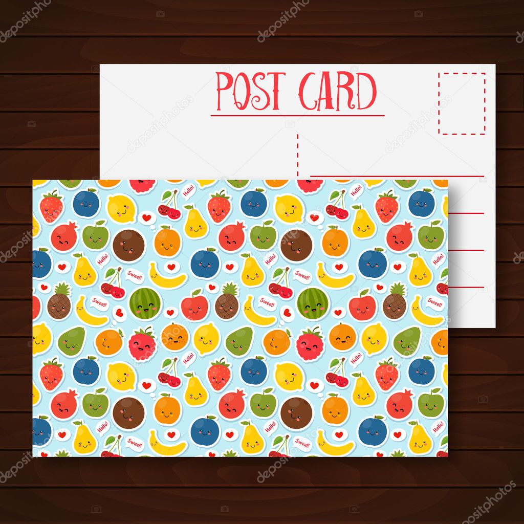 Postcard with funny cartoon flat fruits. 