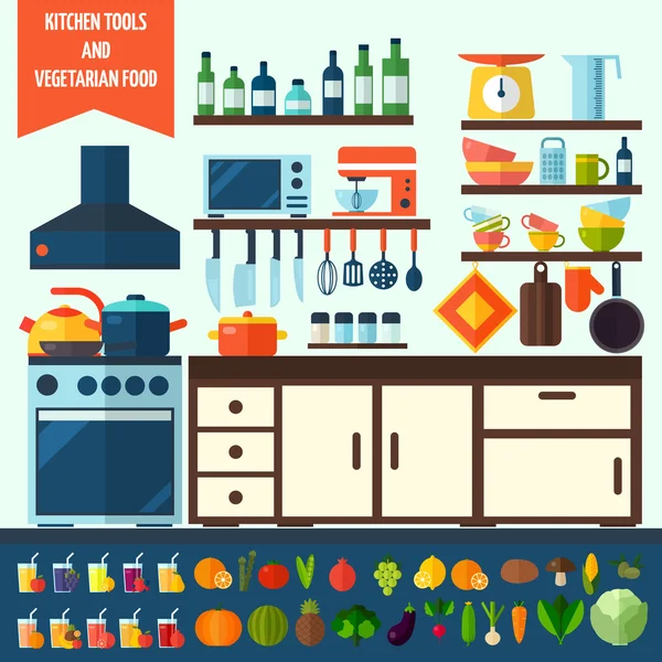 Düz mutfak ve vejetaryen yemek simgeler. 