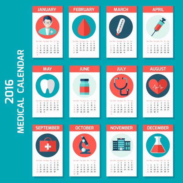 Calendario médico para el nuevo 2016 año semana comienza el domingo . — Archivo Imágenes Vectoriales