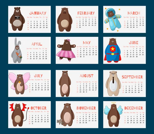 Calendar 2016 with funny cartoon hipster bears — Stock Vector