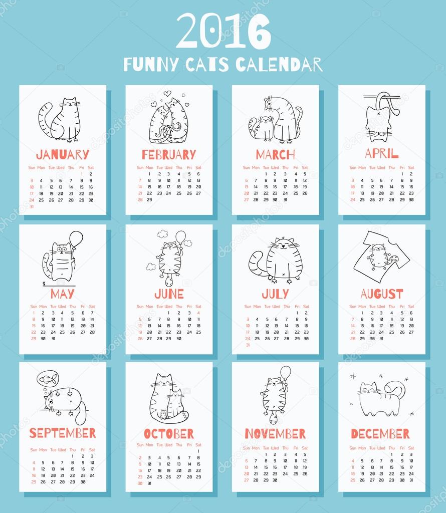 New 2016 year calendar with cute funny cartoons cats