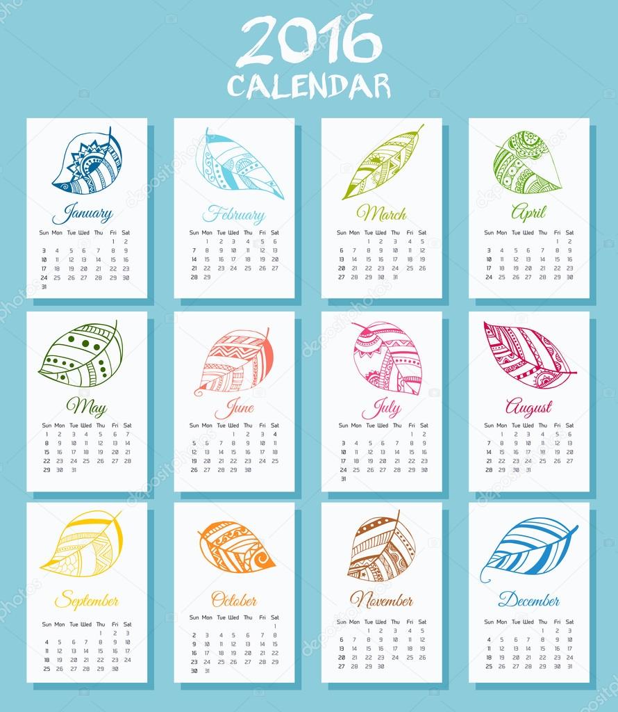 Medical calendar for new 2016 year week starts on Sunday. 