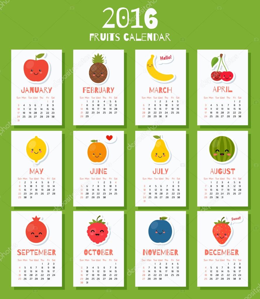Modern calendar for new 2016 year with funny cartoon fruits