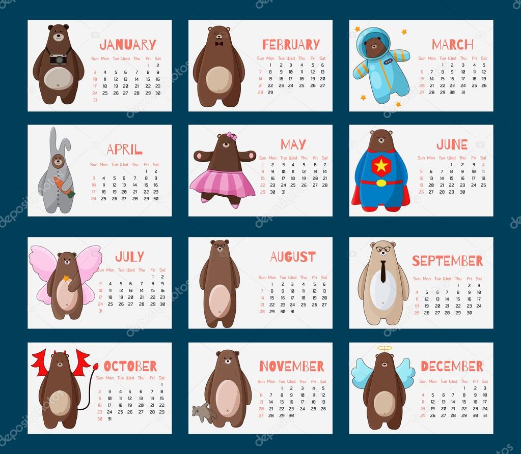 Calendar 2016 with funny cartoon hipster bears