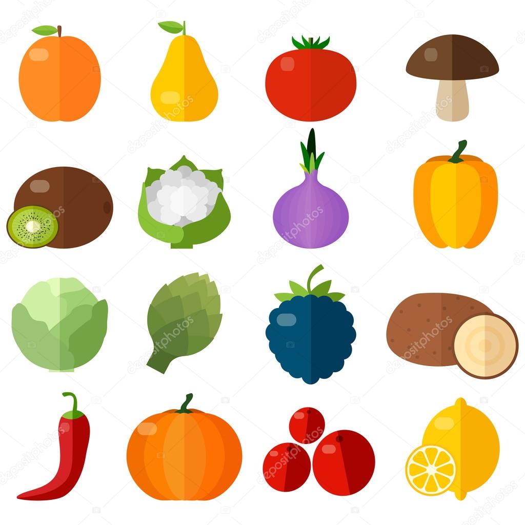 Fresh fruits and vegetables flat icons set. 