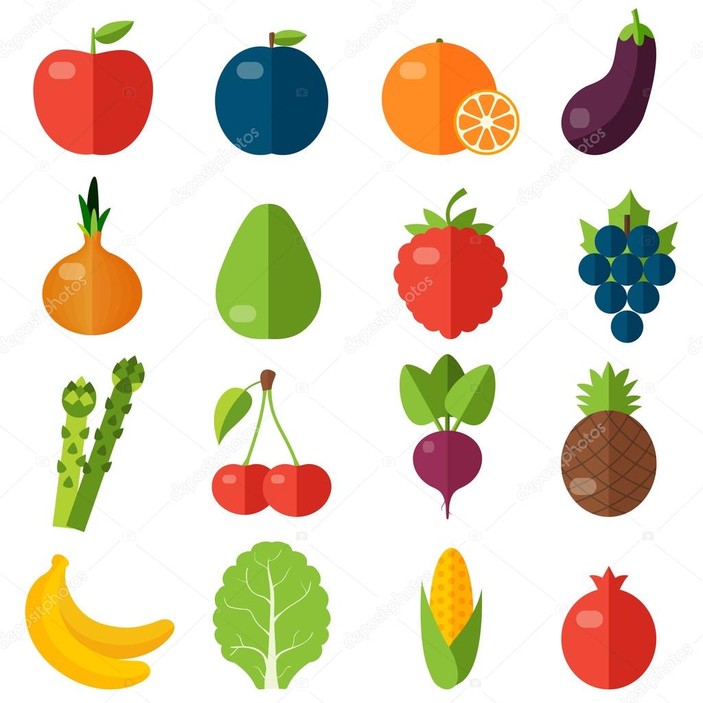 Fresh fruits and vegetables flat icons set. 