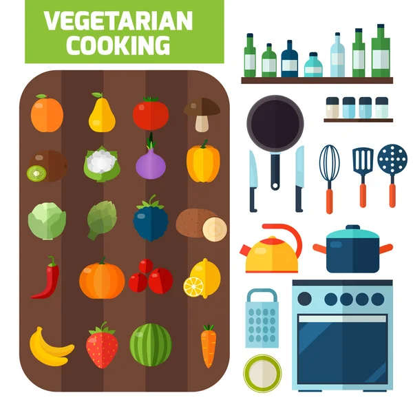 Flat kitchen and vegetarian cooking icons. — Stock Vector