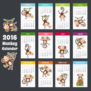 Set of calendar pages for 2016 with cute mokey clipart