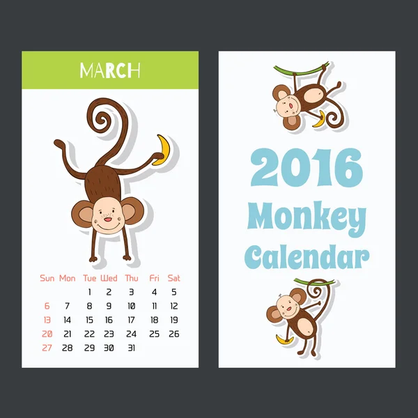 Calendar with a cute monkey icons for 2016. The month of March. — Stock Vector