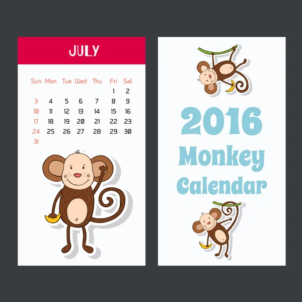 Calendar with a monkey for 2016. The month of July. — Stock Vector