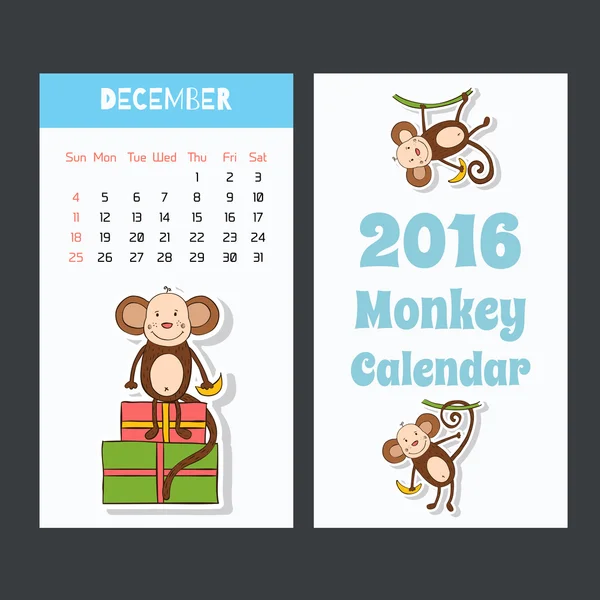 Cute kids 2016 calendar pages with monkey. December. — Stock Vector