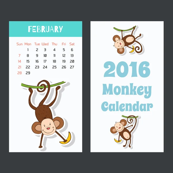 Calendar with a cute monkey icons for 2016. February. — Stock Vector