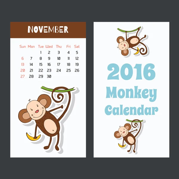 Funny monkey calendar page 2016. November. — Stock Vector