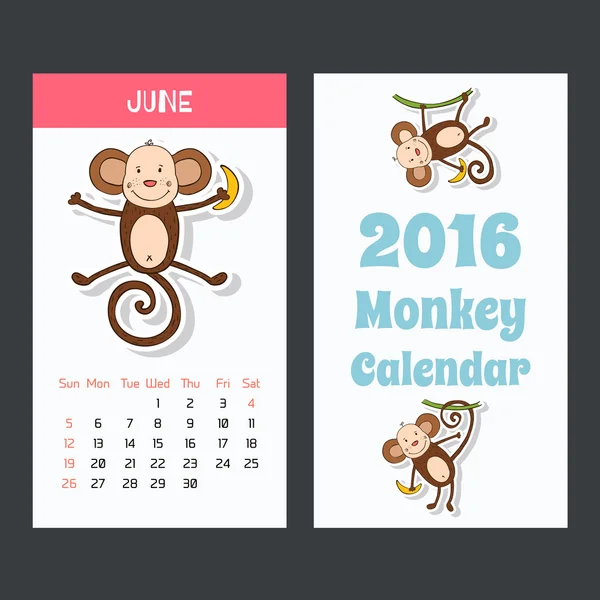 Calendário com um bonito ícones de macaco para 2016. Junho . —  Vetores de Stock