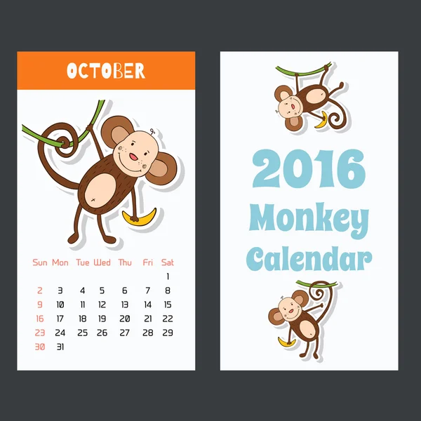 Calendar with a monkey for 2016. The month of October. — Stock Vector