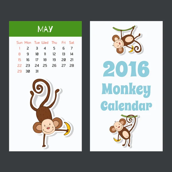 Календарь 2016 с симпатичной обезьяной. Май . — стоковый вектор