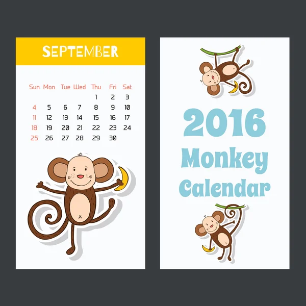 Cute kids 2016 calendar pages with a little monkey. September. — Stock Vector