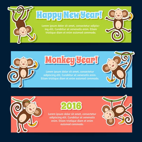 Banner set per Capodanno 2016 con scimmie carine — Vettoriale Stock