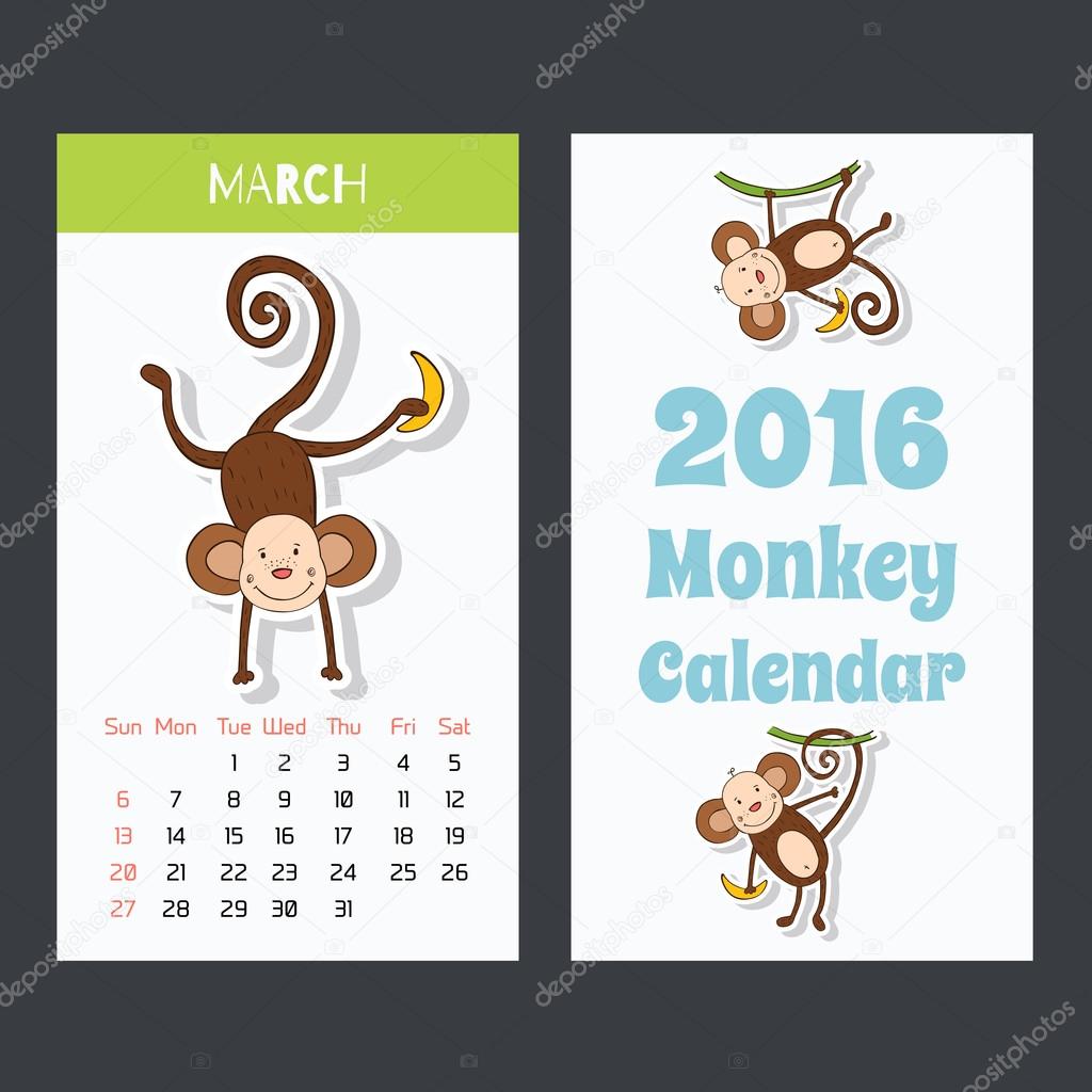 Calendar with a cute monkey icons for 2016. The month of March.