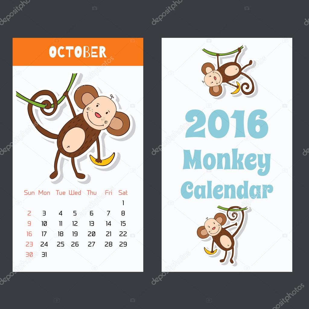 Calendar with a monkey for 2016. The month of October.