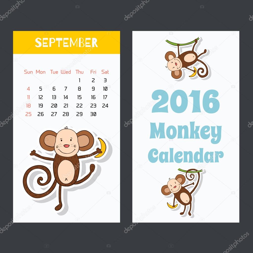 Cute kids 2016 calendar pages with a little monkey. September.