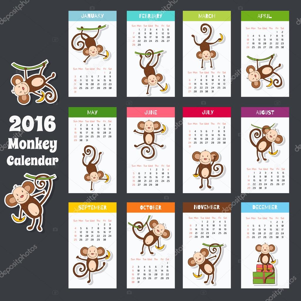 Set of calendar pages for 2016 with cute mokey